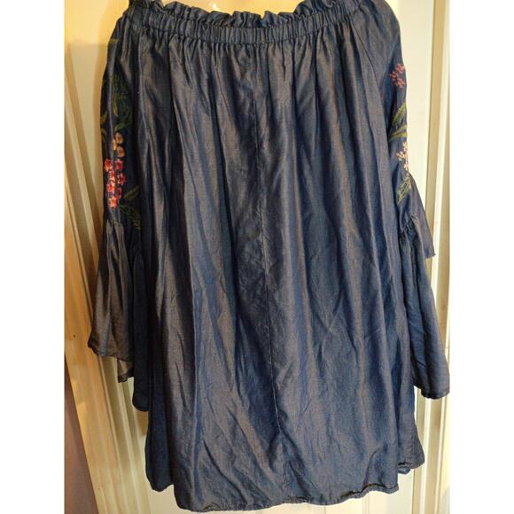 Umgee Dress Blue Embroidered Flared Sleeves Sz L On Or Off Shoulder Boho Fairy - Picture 5 of 11